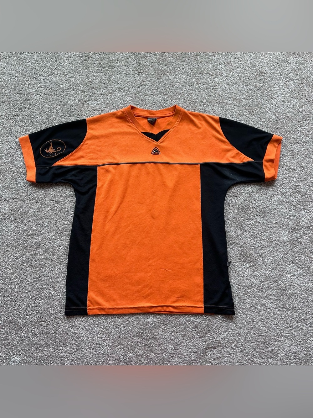 Vintage Nike ACG Scorpion Shirt Y2K Orange Black V-Neck Jersey Mesh Top Size S